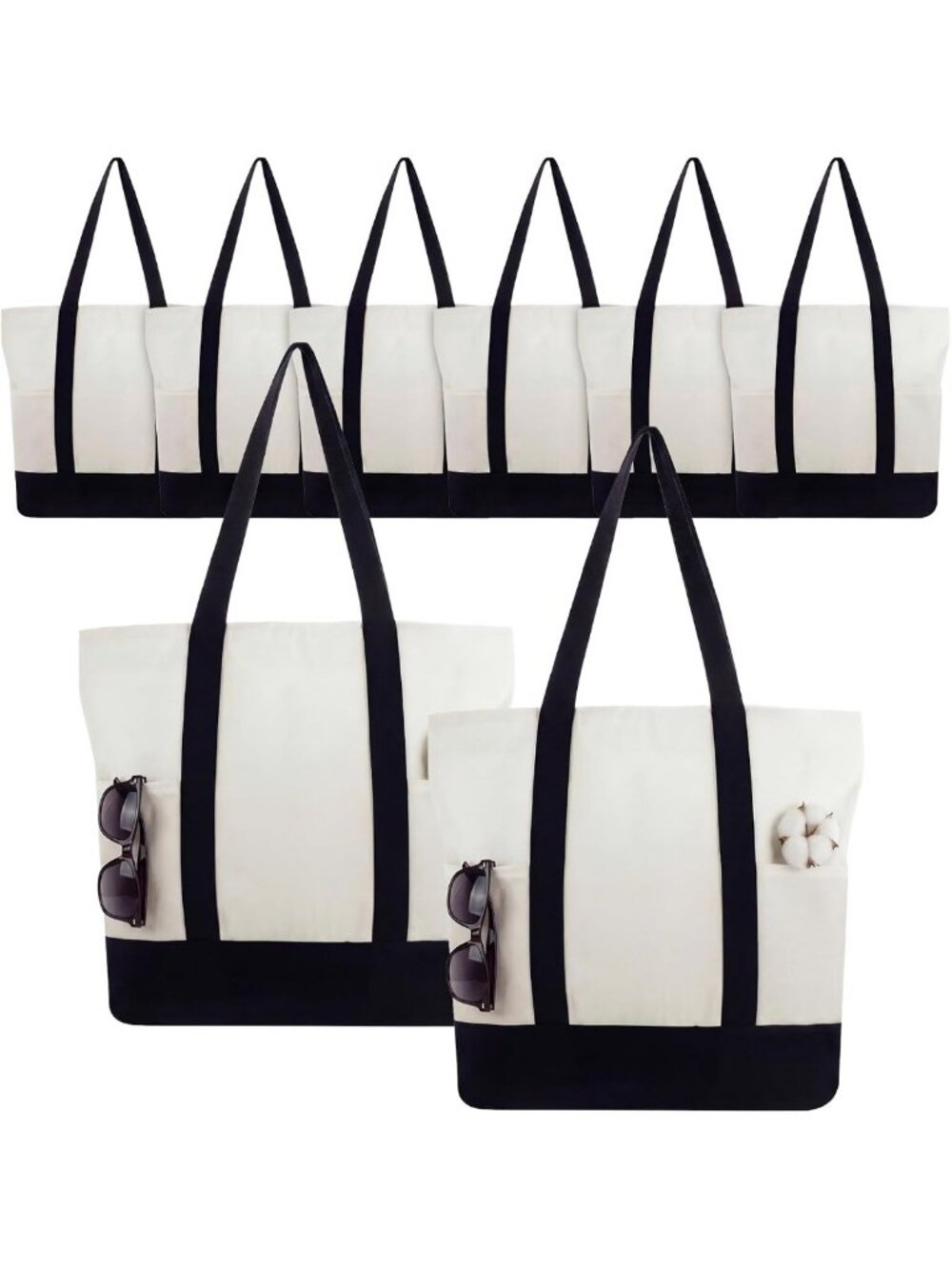 Set of 8 Mini Canvas Tote Bags - 13x11 in, Stylish with 2 Pockets for Easy